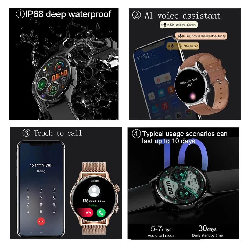 Montre connectée AMOLED homme & femme – Smartwatch Bluetooth, GPS, NFC, étanche IP68, Android & iOS