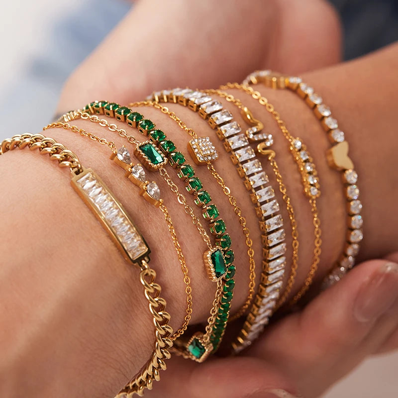 Bracelet femme doré en acier inoxydable – Zircone cubique, plaqué or PVD 18K, étanche et hypoallergénique