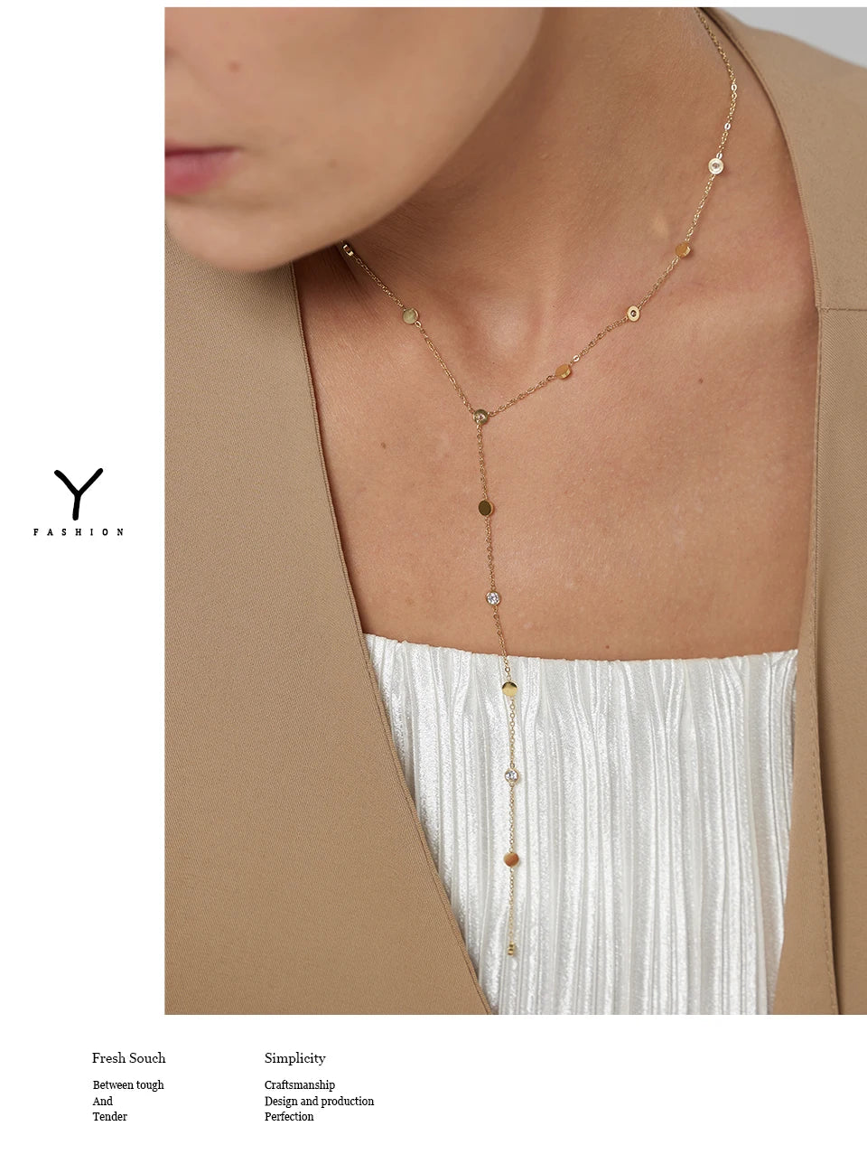 Collier long perlé – Acier inoxydable plaqué or 18K, style minimaliste