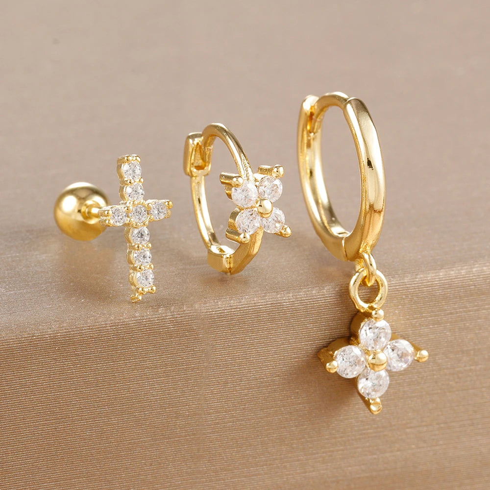Ensemble de boucles d’oreilles Huggie en acier inoxydable doré – Créoles zircon CZ géométriques