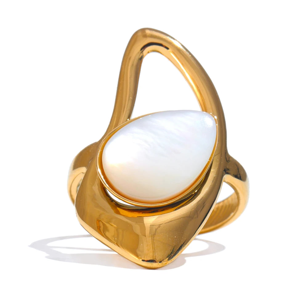 Bague ouverte femme géométrique en acier inoxydable doré – Coquille naturelle, ajustable PVD 18K