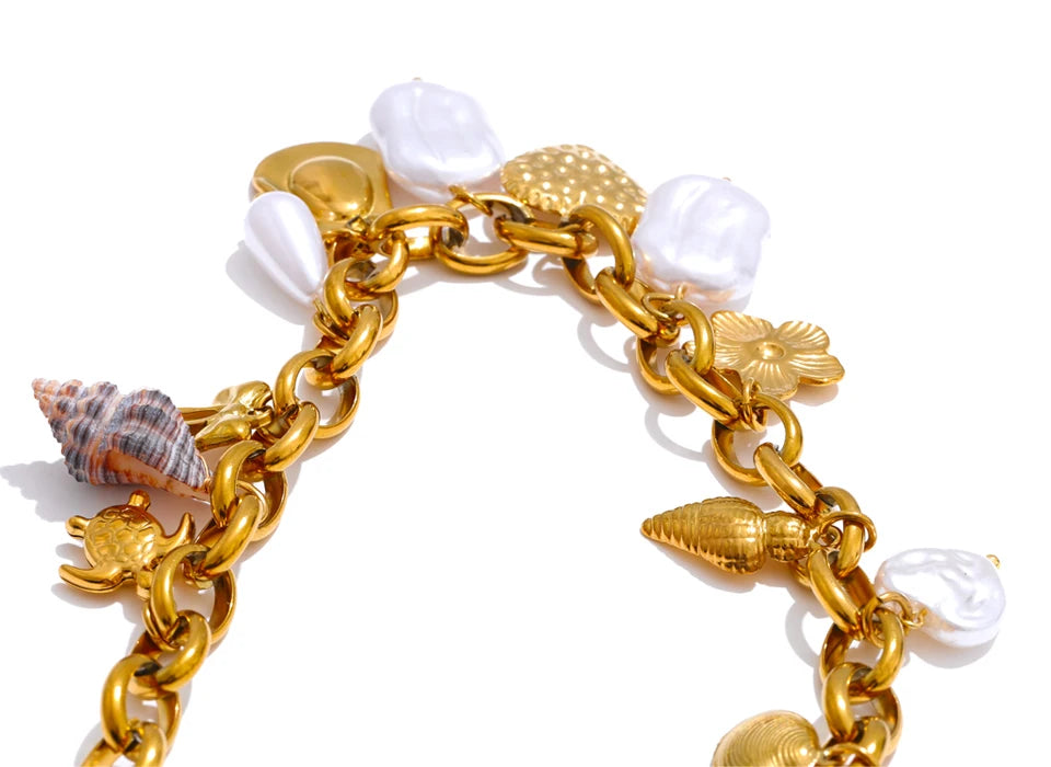 Ocean Charm Halskette - Muscheln & Perlen, Gold Edelstahl
