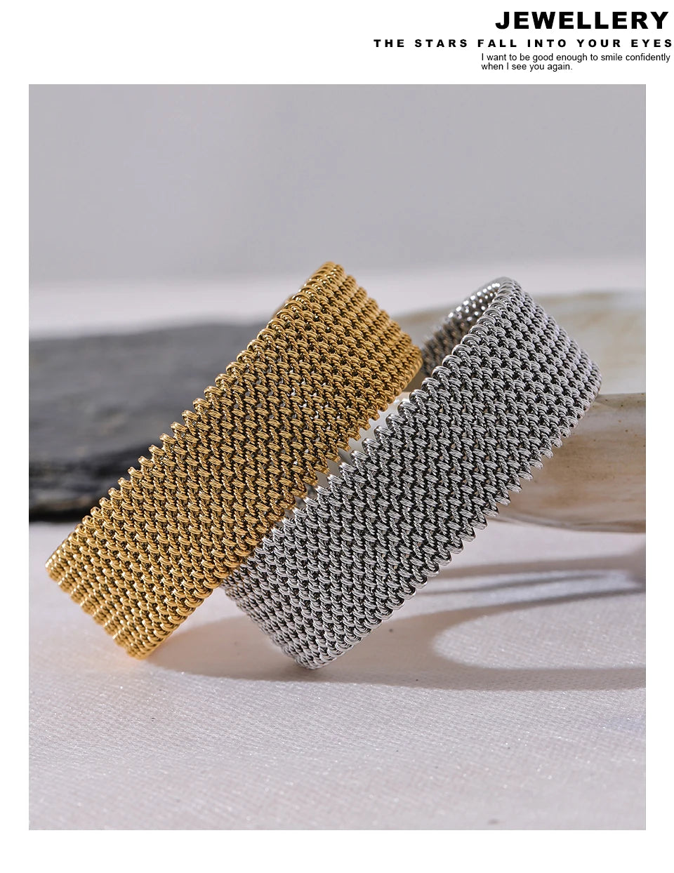 Breites strukturiertes Armband – Goldfarbener Edelstahl, offen und wasserdicht