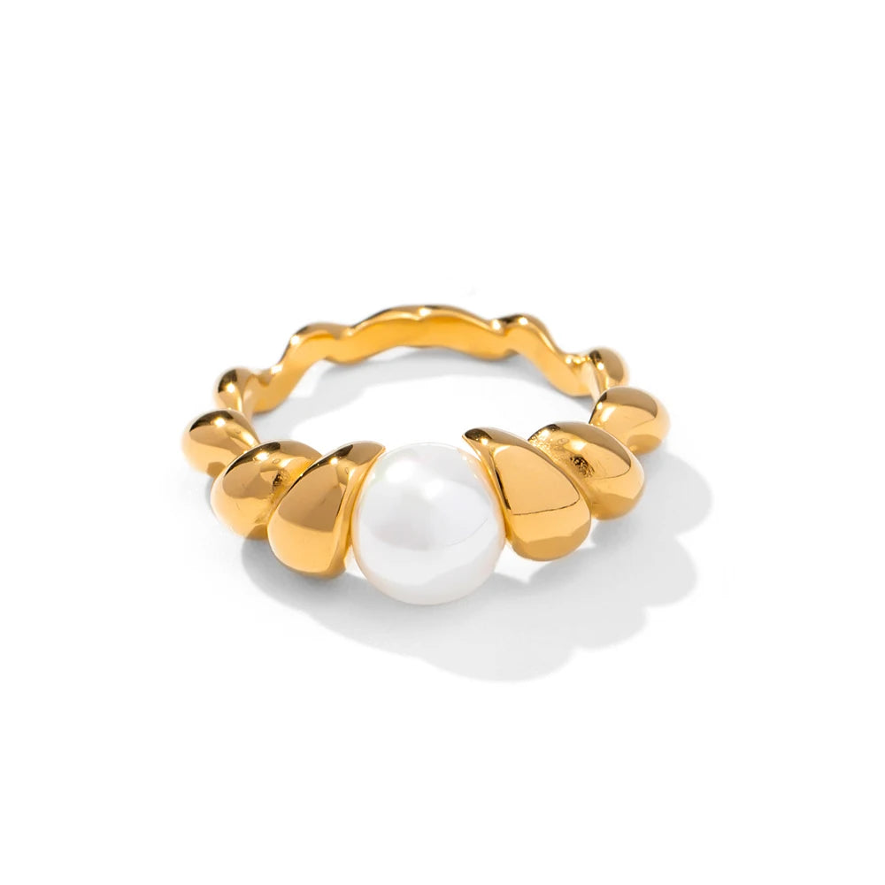 Bagues femme dorées en acier inoxydable – Plaqué or 18K, coquille, perle et zircon, bijoux tendance