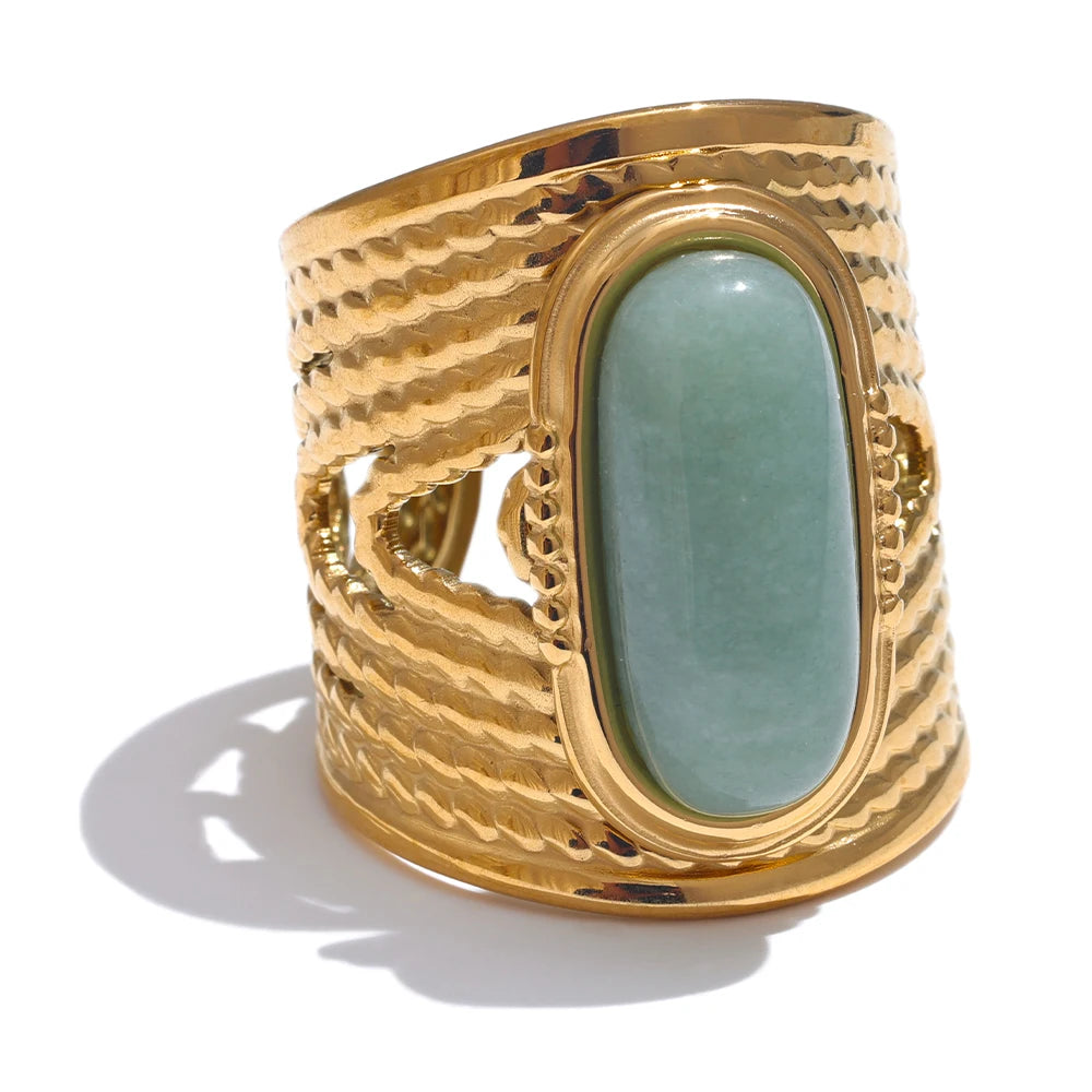 Bague réglable en acier inoxydable doré avec pierre naturelle verte – Bijou géométrique