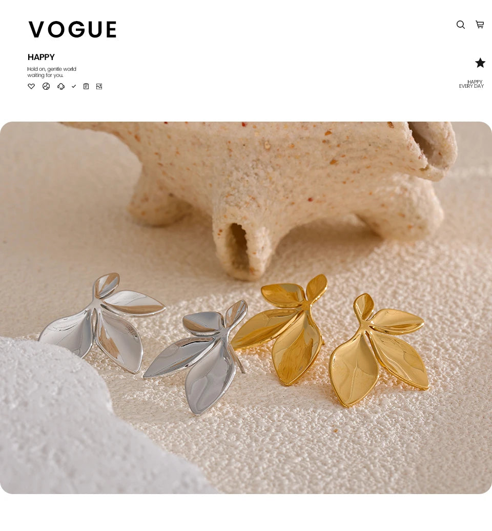 Boucles d’oreilles feuillage – Acier inoxydable doré, design sculpté