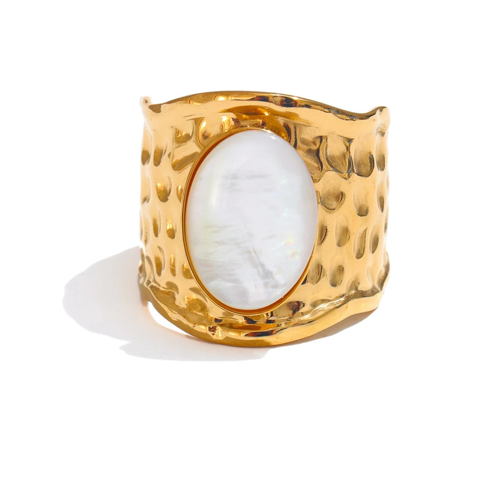 Bague ouverte femme géométrique en acier inoxydable doré – Coquille naturelle, ajustable PVD 18K