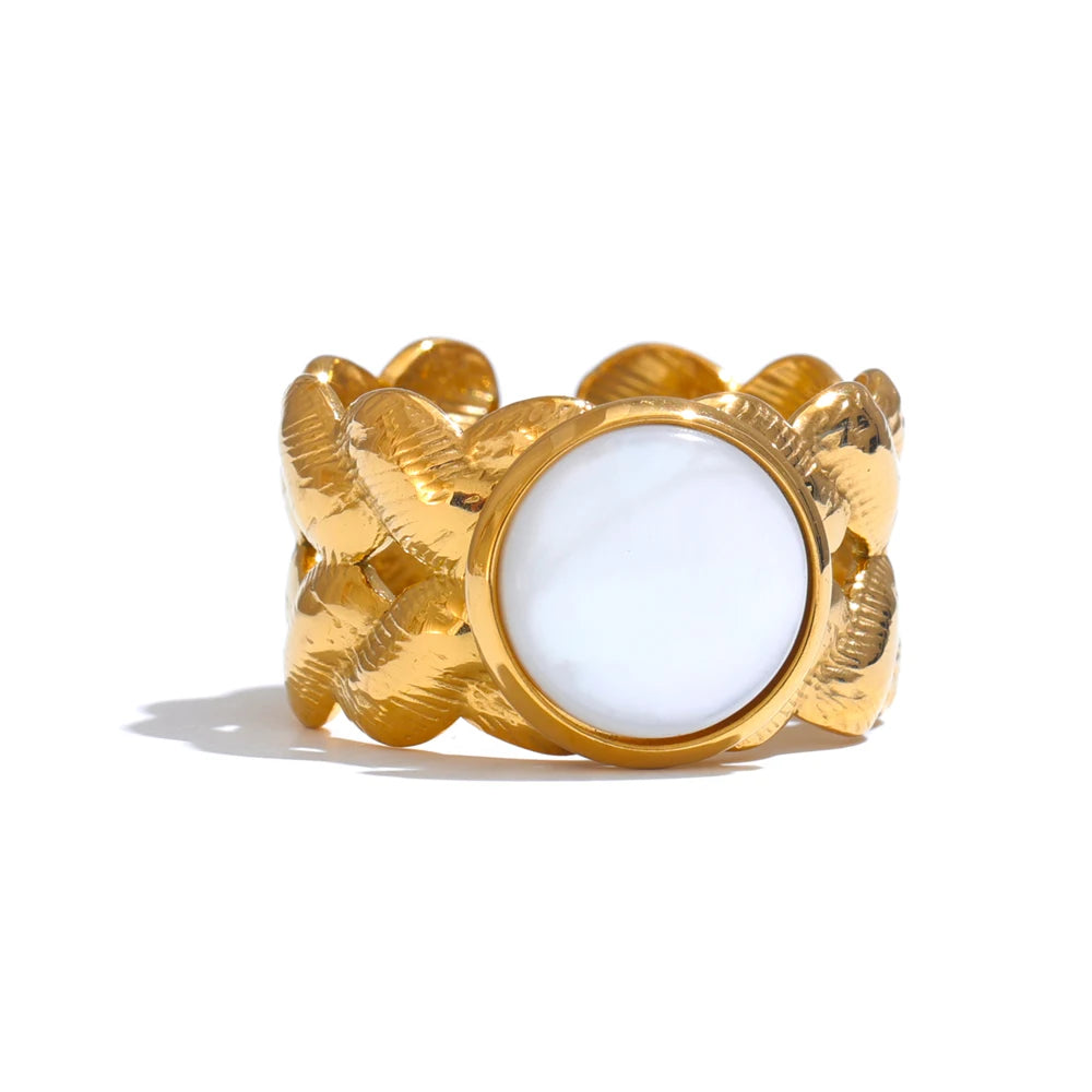 Bague ouverte femme géométrique en acier inoxydable doré – Coquille naturelle, ajustable PVD 18K