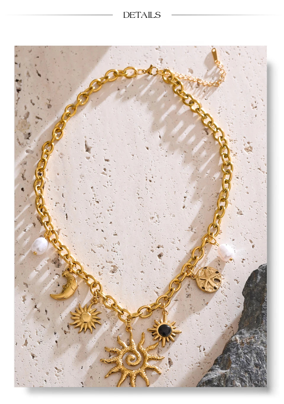 Halskette mit Sonne- und Mond-Charm – goldfarbener Edelstahl, Astro-Chic-Stil