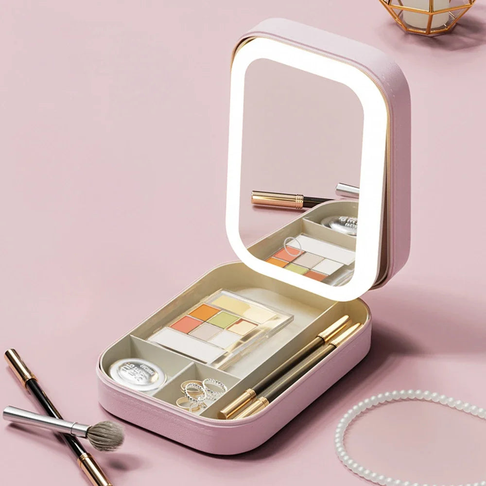 Tragbare Make-up-Box mit LED-Spiegel – Kosmetik-Organizer für unterwegs mit großer Kapazität
