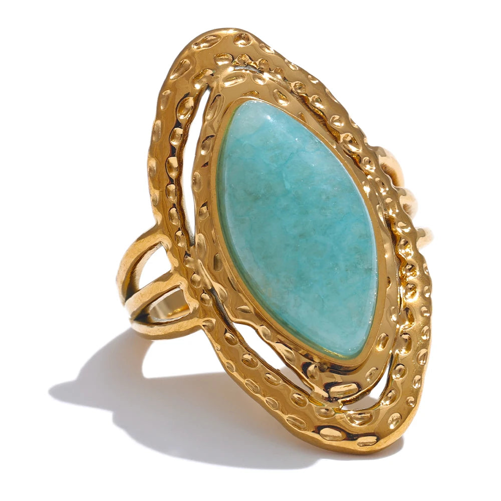 Bague réglable en acier inoxydable doré avec pierre naturelle verte – Bijou géométrique
