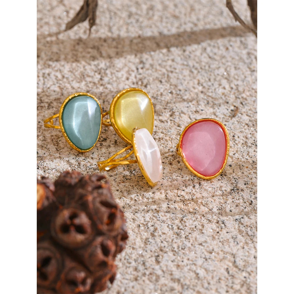 Bague réglable multicolore en résine et acier inoxydable – Bijou plaqué or