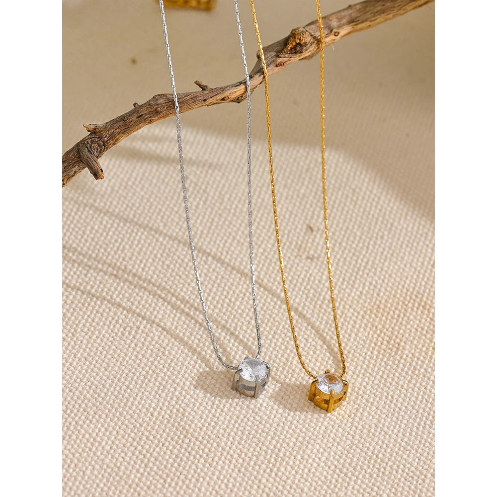 Collier pendentif zircon brillant en acier inoxydable – Bijou femme chic et étanche, plaqué or PVD 18K