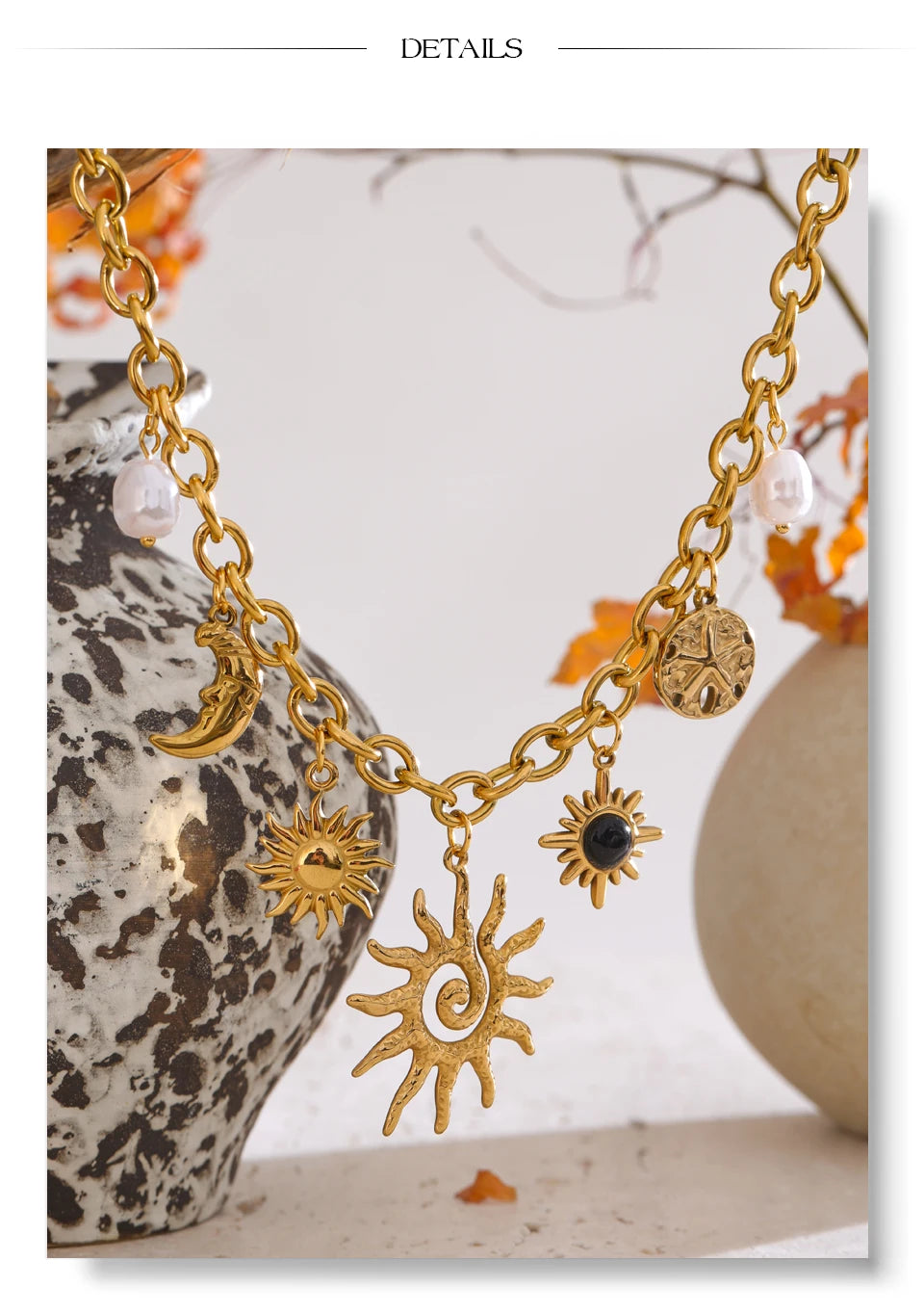 Halskette mit Sonne- und Mond-Charm – goldfarbener Edelstahl, Astro-Chic-Stil