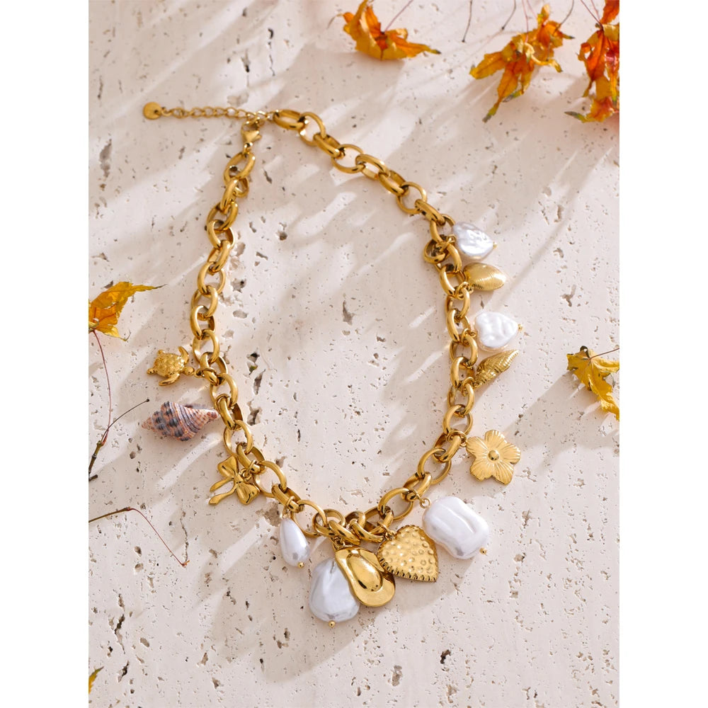 Ocean Charm Halskette - Muscheln & Perlen, Gold Edelstahl