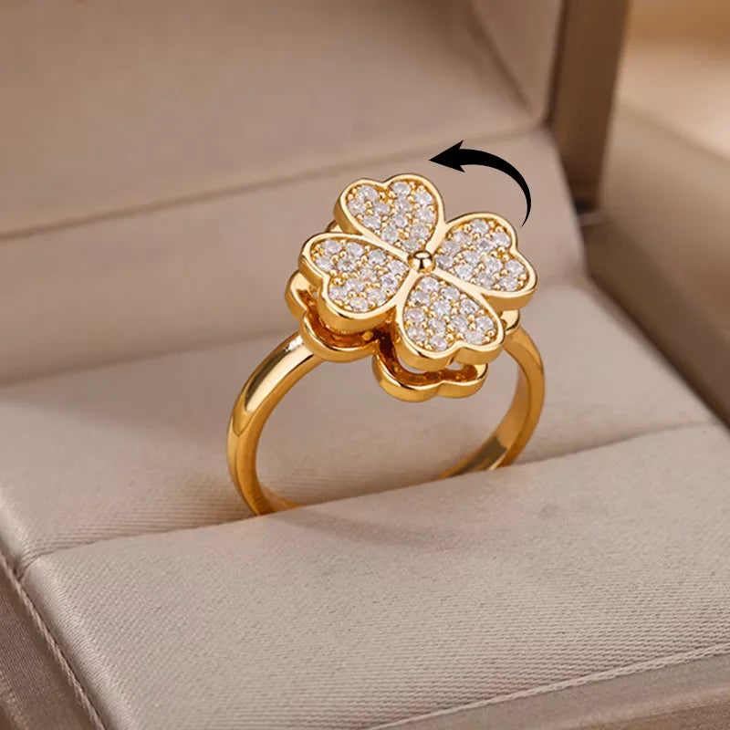 Bague femme trèfle doré en acier inoxydable – Anneau anti-stress spinner avec zircone, plaqué or 18K
