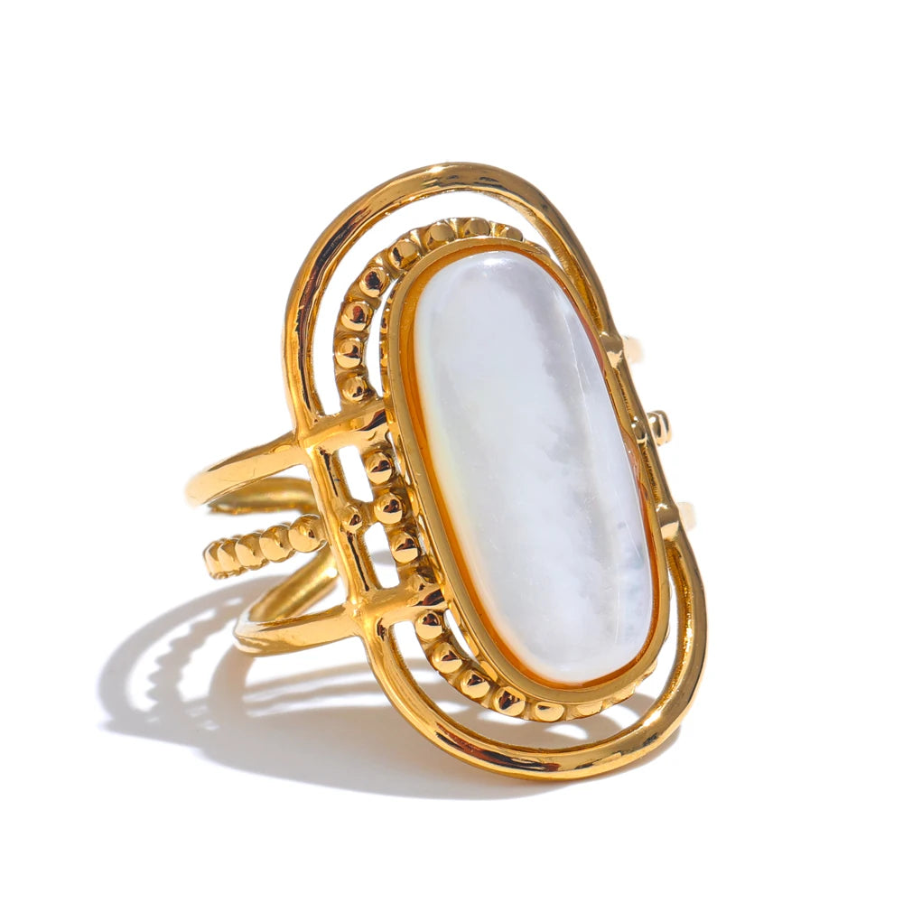 Bague ouverte femme géométrique en acier inoxydable doré – Coquille naturelle, ajustable PVD 18K