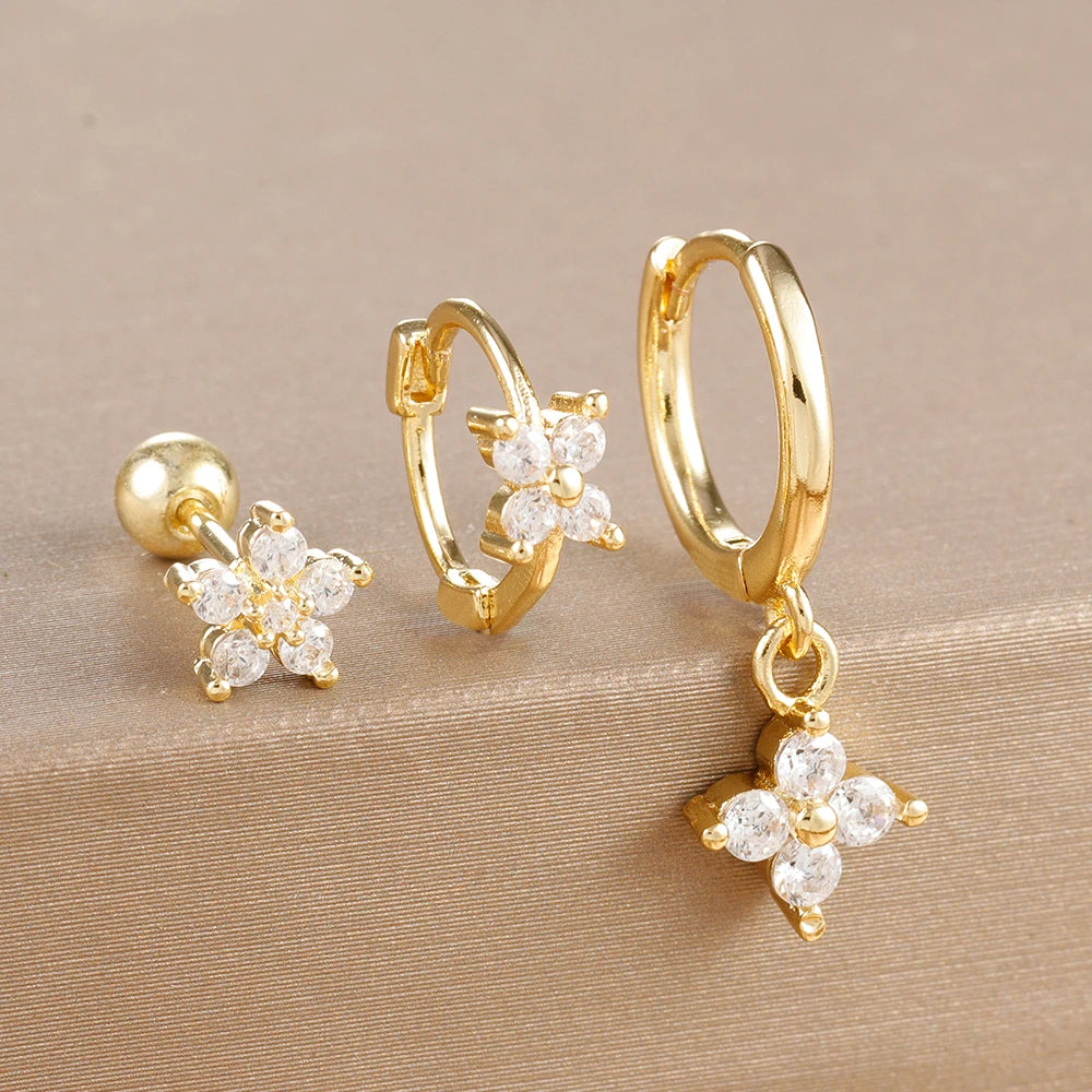 Ensemble de boucles d’oreilles Huggie en acier inoxydable doré – Créoles zircon CZ géométriques