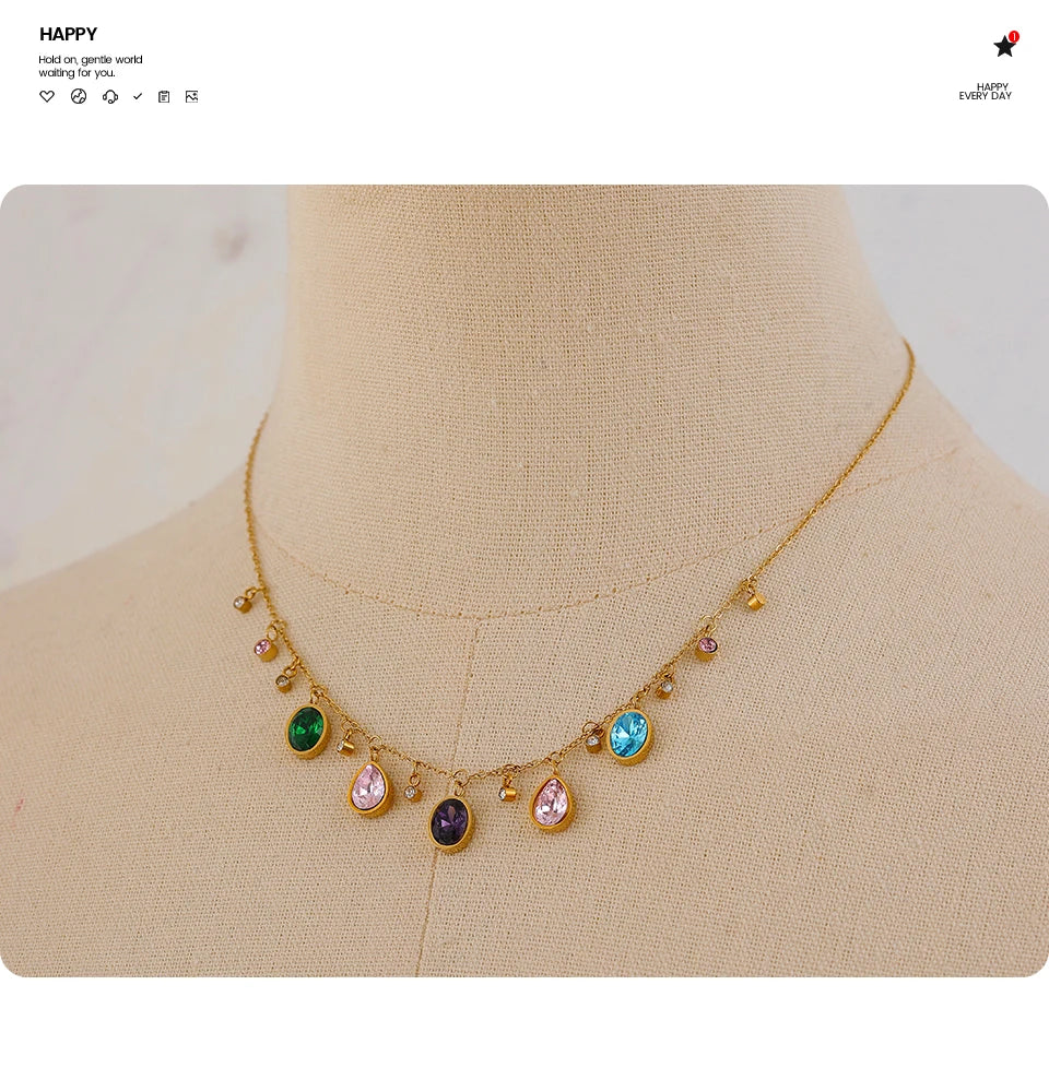Luxuriöse Halskette mit bunten Zirkoniasteinen – 18 Karat vergoldeter Edelstahl