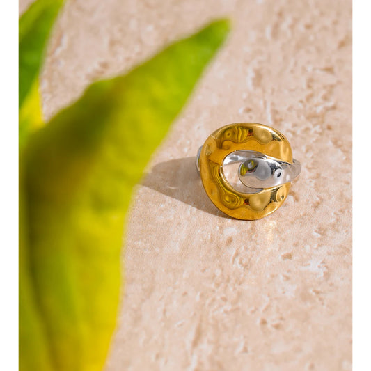 Bague bicolore argent & doré – design abstrait ajustable