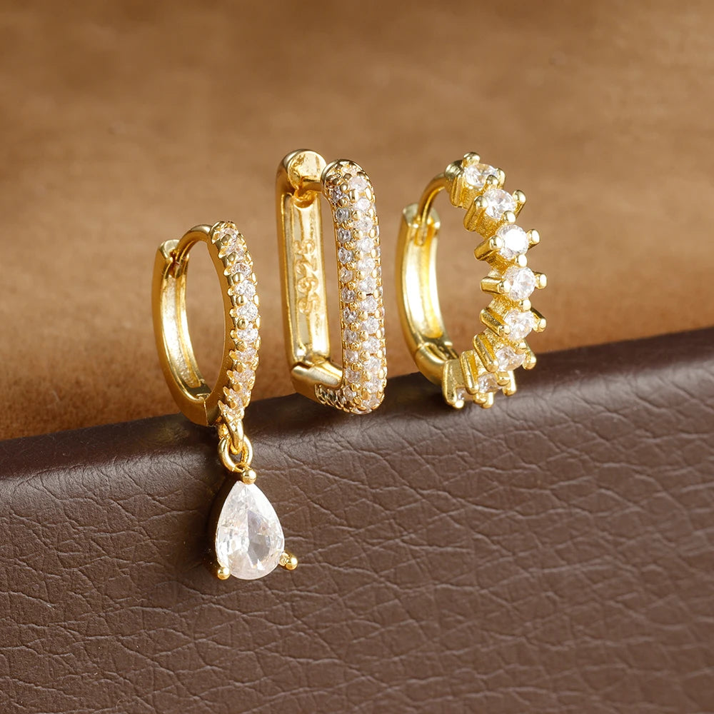Ensemble de boucles d’oreilles Huggie en acier inoxydable doré – Créoles zircon CZ géométriques