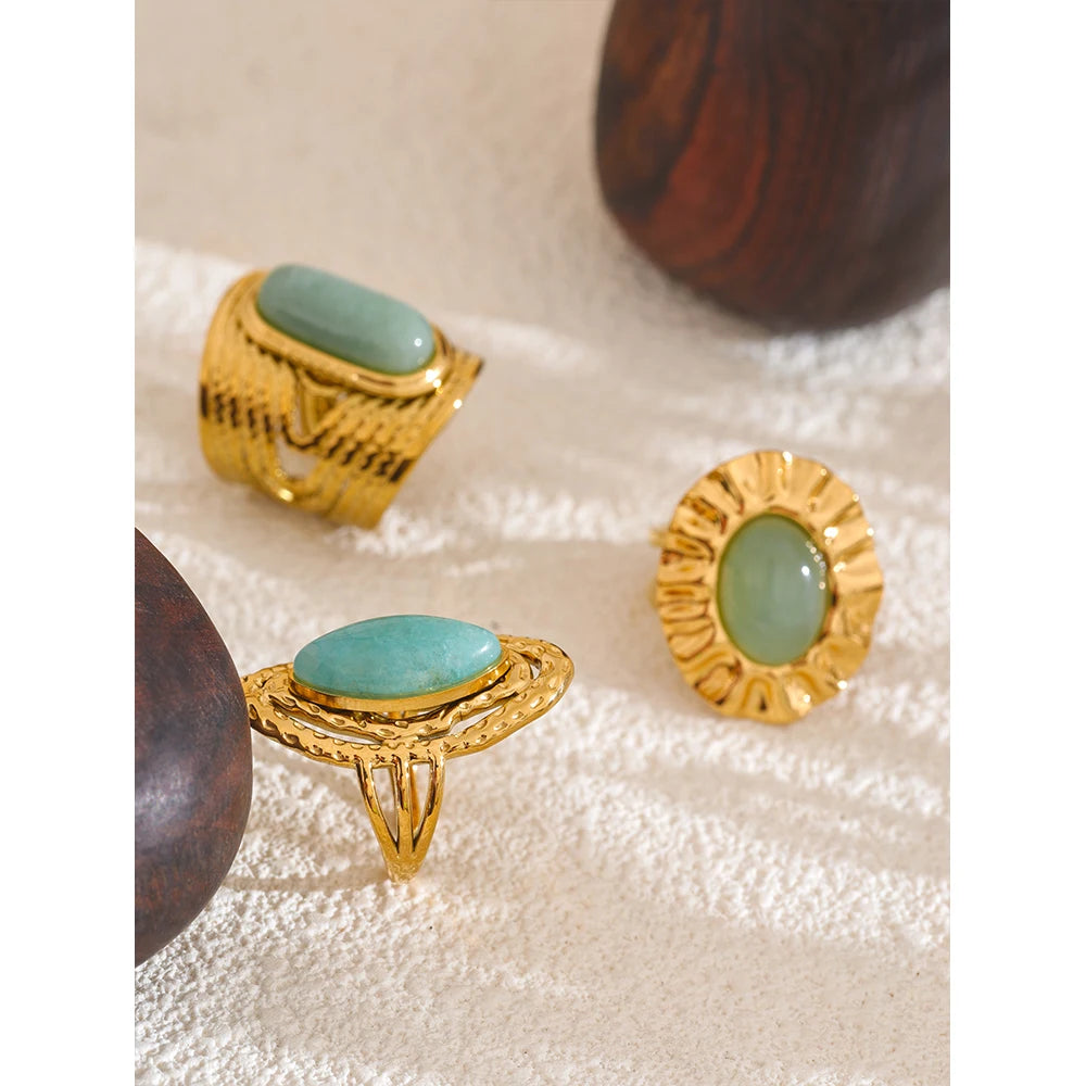 Bague réglable en acier inoxydable doré avec pierre naturelle verte – Bijou géométrique