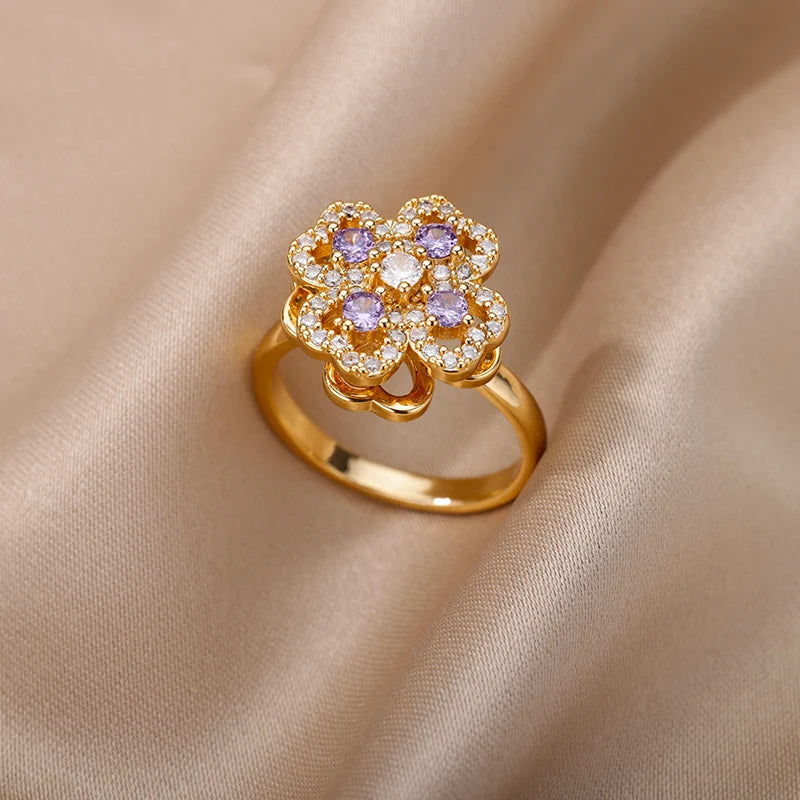 Bague femme trèfle doré en acier inoxydable – Anneau anti-stress spinner avec zircone, plaqué or 18K