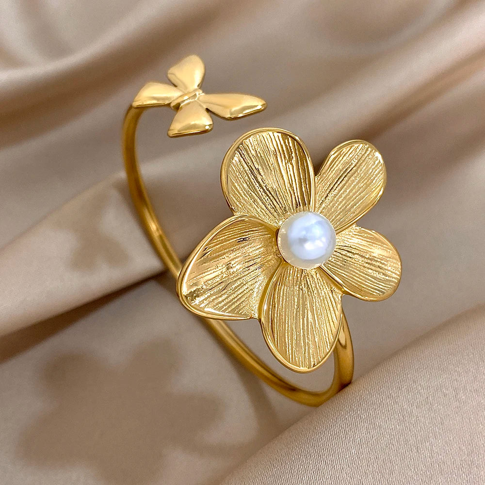 Doppeltes Blumen-Armband – Edelstahl in Gold oder Silber