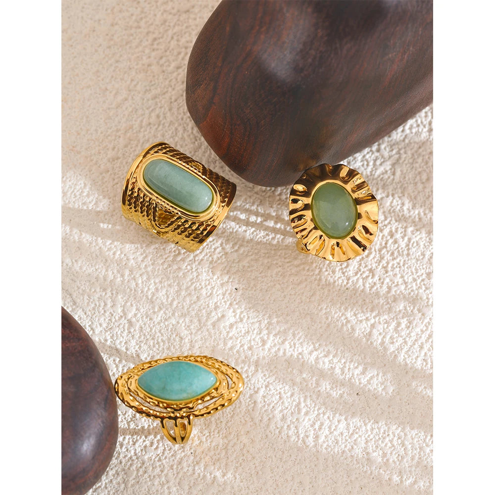 Bague réglable en acier inoxydable doré avec pierre naturelle verte – Bijou géométrique