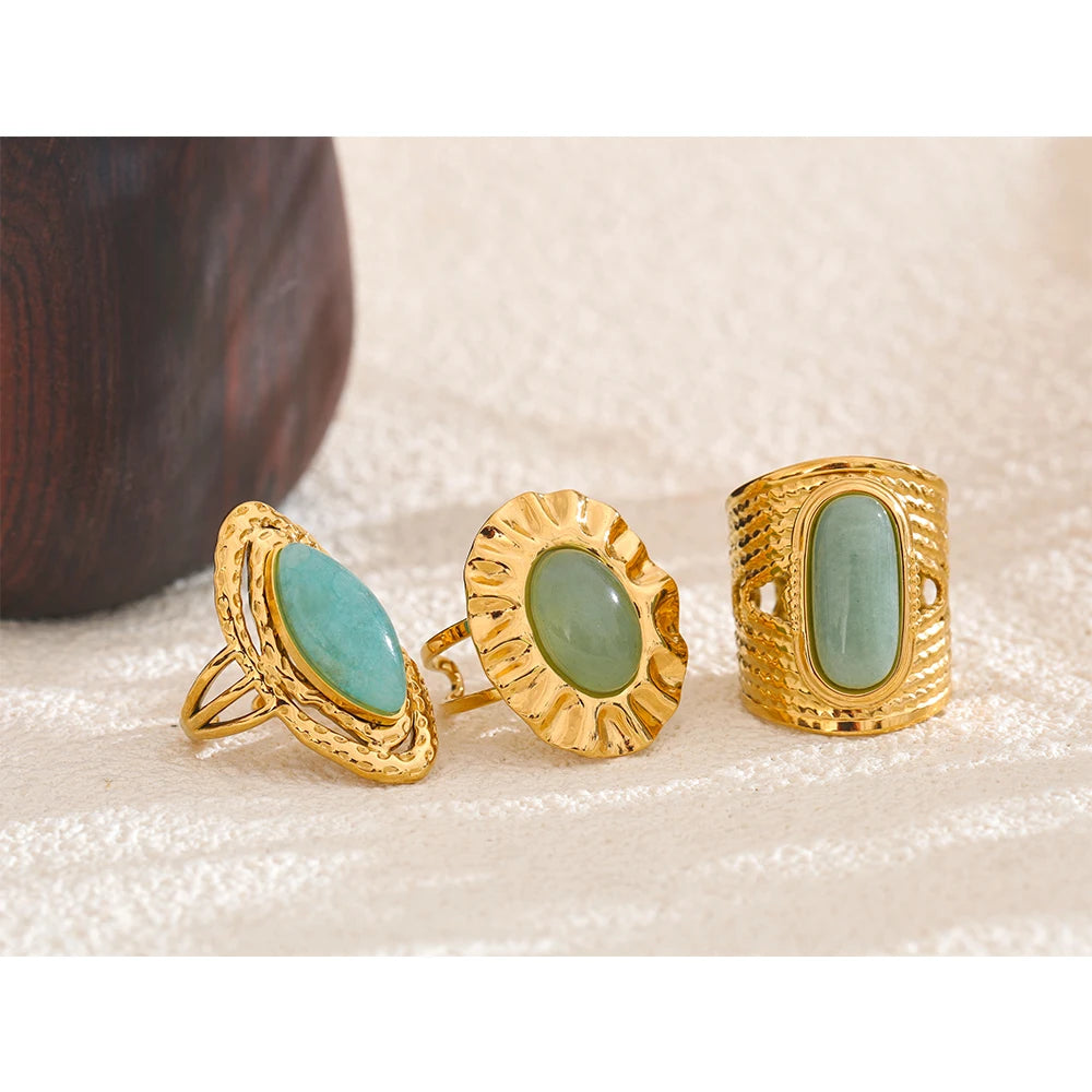 Bague réglable en acier inoxydable doré avec pierre naturelle verte – Bijou géométrique
