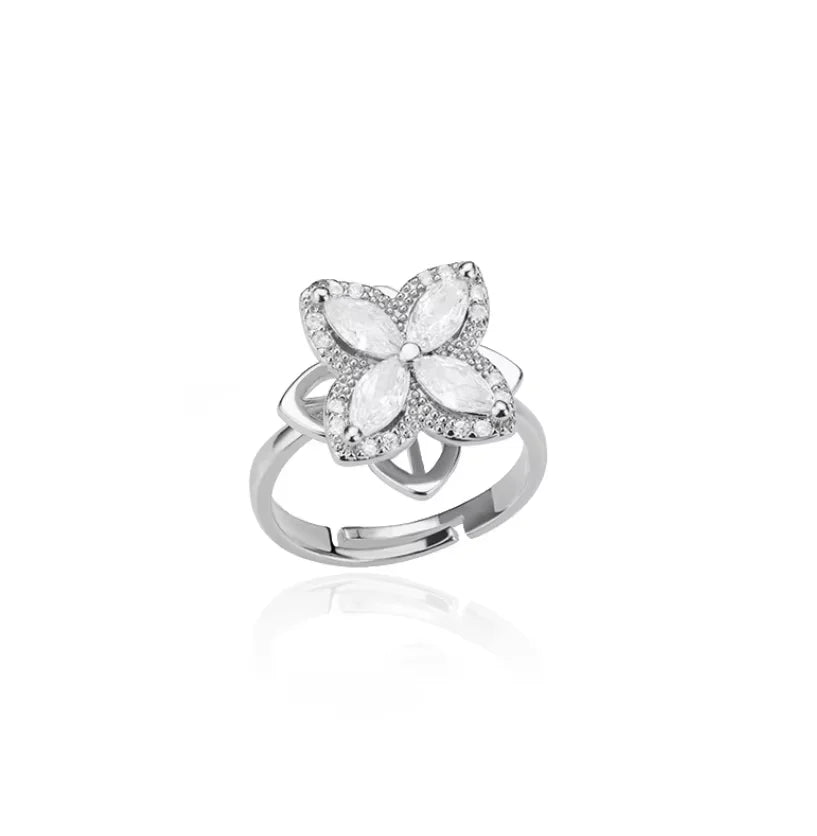 Bague femme trèfle doré en acier inoxydable – Anneau anti-stress spinner avec zircone, plaqué or 18K