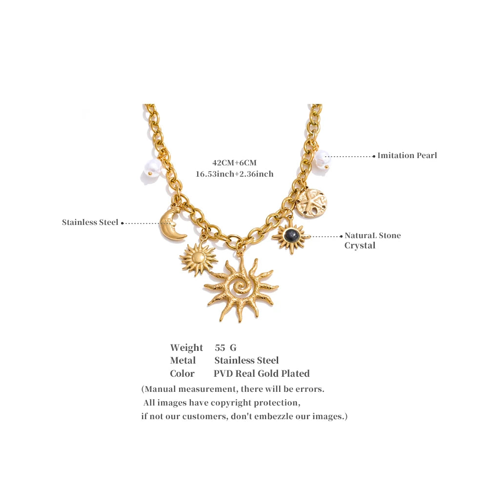 Halskette mit Sonne- und Mond-Charm – goldfarbener Edelstahl, Astro-Chic-Stil