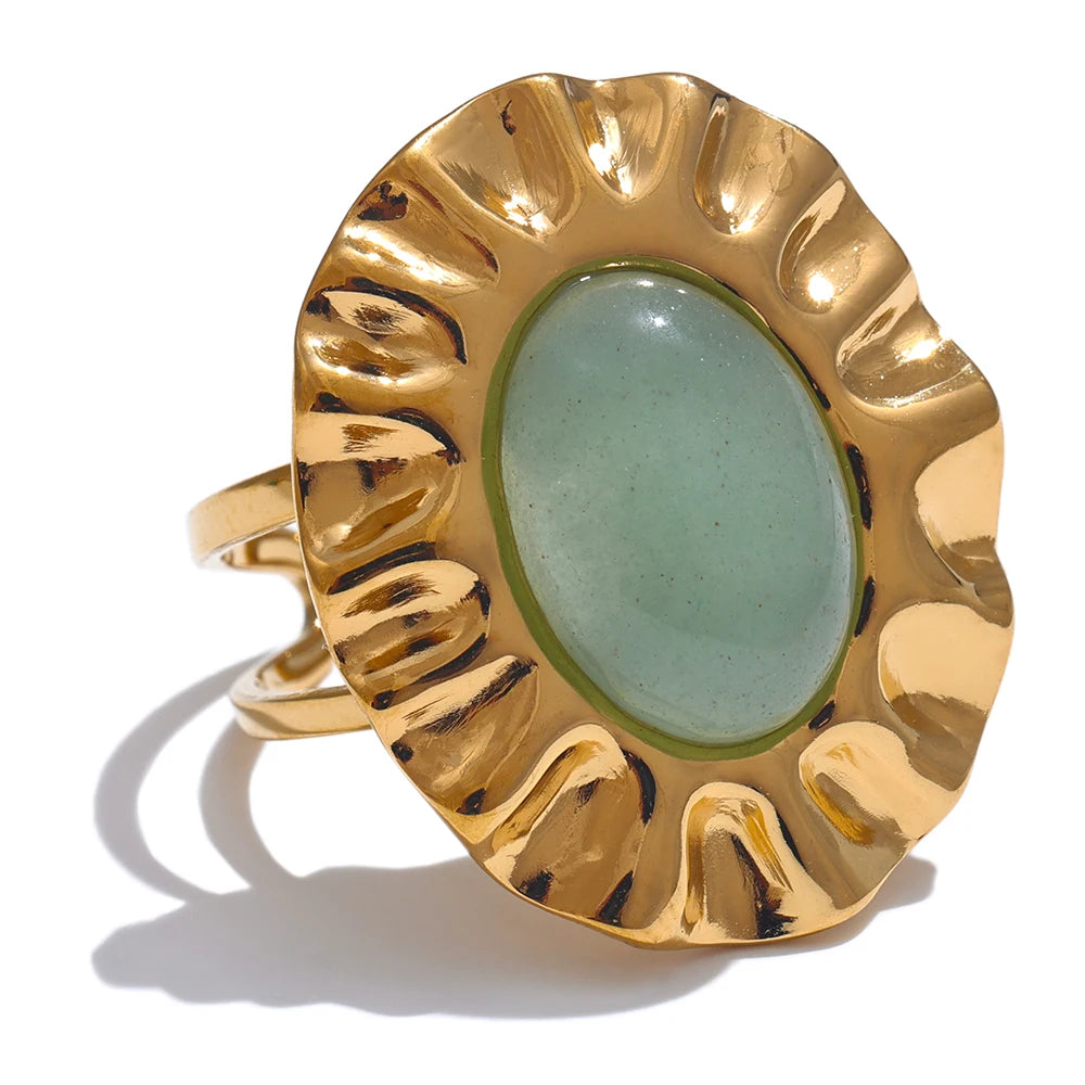 Bague réglable en acier inoxydable doré avec pierre naturelle verte – Bijou géométrique