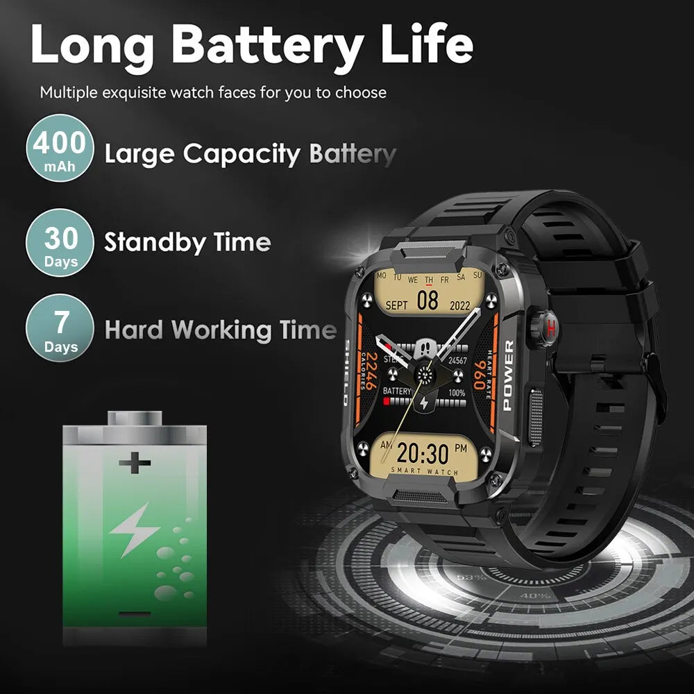 Montre Connectée Militaire Homme – Étanche IP68, Appels Bluetooth, Sport & Extérieur | Android iOS
