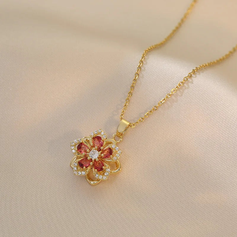 Collier Fleur Rotative Anti-Stress – Acier Inoxydable Plaqué Or 18K & Zircone