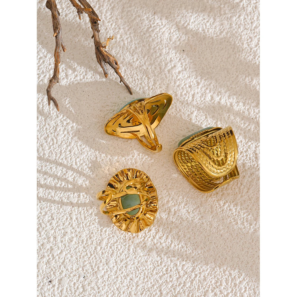 Bague réglable en acier inoxydable doré avec pierre naturelle verte – Bijou géométrique
