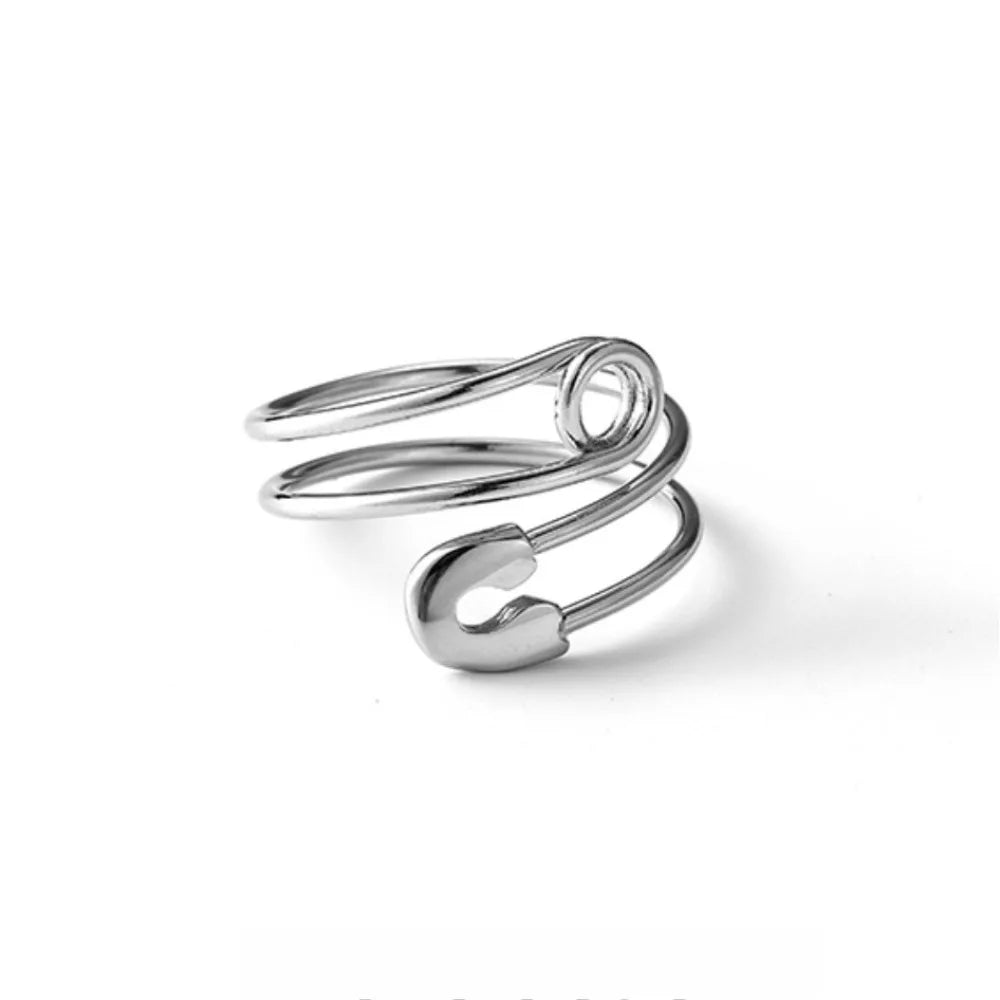 Sicherheitsnadelring – Silberner Edelstahl, verstellbarer Ring für Damen & Herren, trendiger Rock und minimalistischer Schmuck