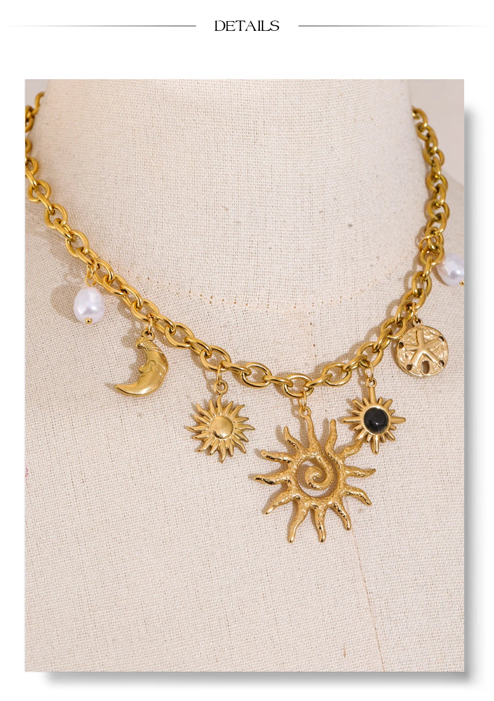 Halskette mit Sonne- und Mond-Charm – goldfarbener Edelstahl, Astro-Chic-Stil