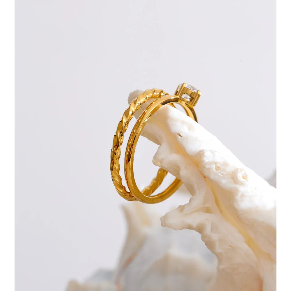 Bague superposable double en acier inoxydable & zircon – Plaqué or 18k