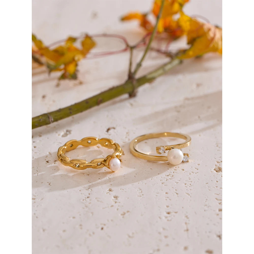 Bague superposable perle & zircon en acier inoxydable doré – 2 modèles
