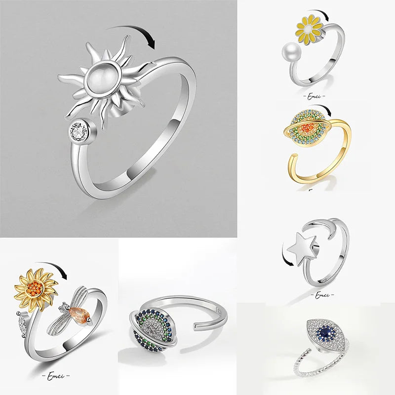 Anti-Stress-Ring für Damen – Drehbarer Spinnerring aus Stahl | Sonne, Sonnenblume, Stern