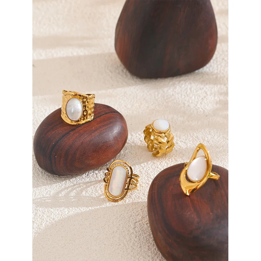 Bague ouverte femme géométrique en acier inoxydable doré – Coquille naturelle, ajustable PVD 18K