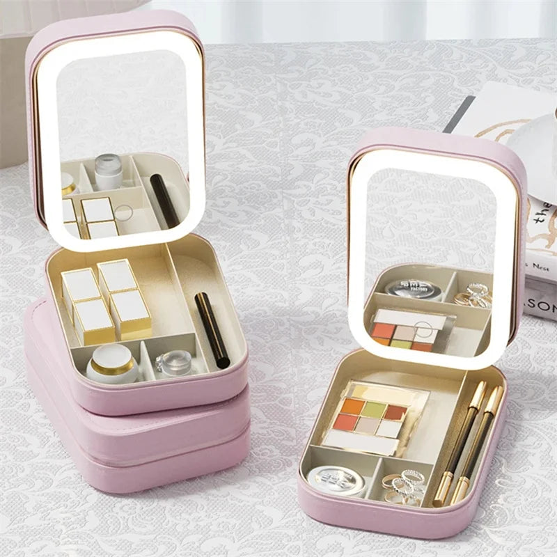 Tragbare Make-up-Box mit LED-Spiegel – Kosmetik-Organizer für unterwegs mit großer Kapazität