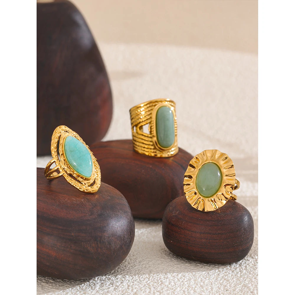 Bague réglable en acier inoxydable doré avec pierre naturelle verte – Bijou géométrique
