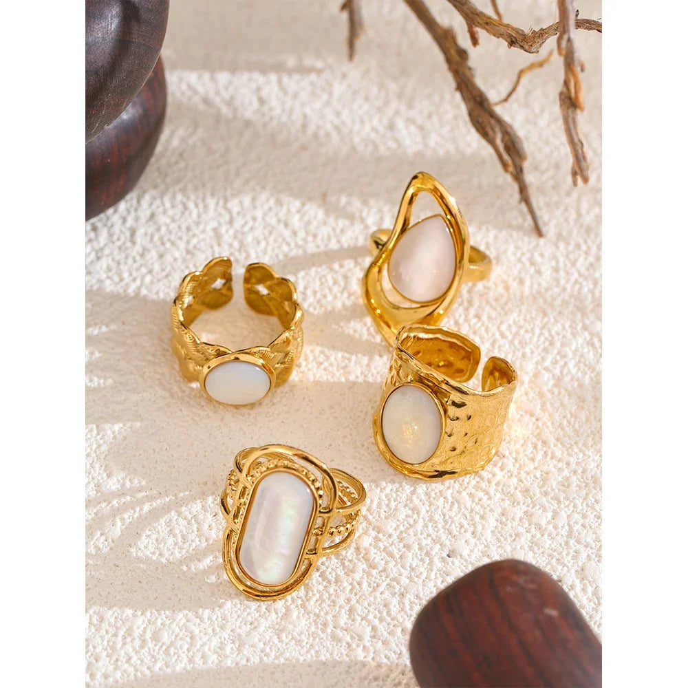 Bague ouverte femme géométrique en acier inoxydable doré – Coquille naturelle, ajustable PVD 18K