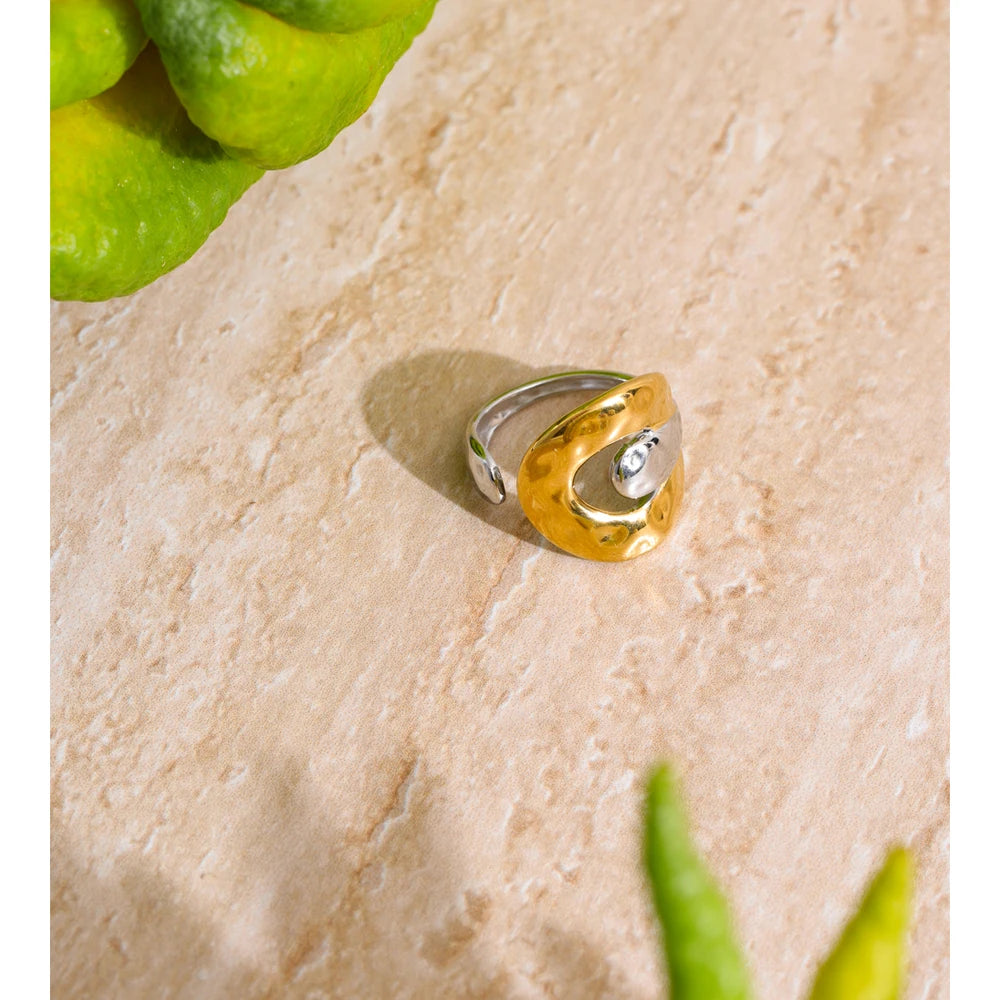 Bague bicolore argent & doré – design abstrait ajustable