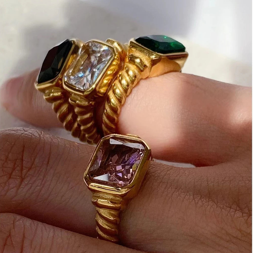 Bagues femme dorées en acier inoxydable – Plaqué or 18K, coquille, perle et zircon, bijoux tendance