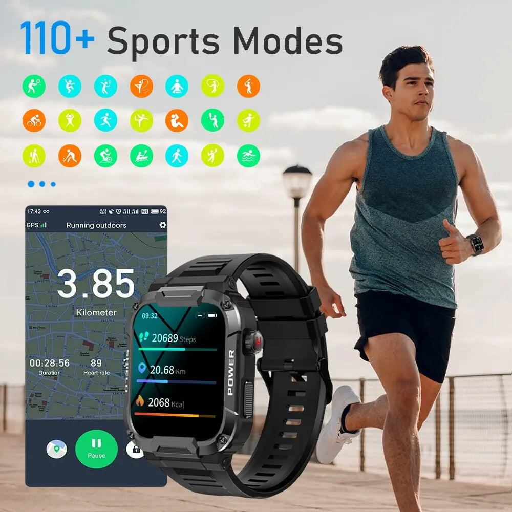 Montre Connectée Militaire Homme – Étanche IP68, Appels Bluetooth, Sport & Extérieur | Android iOS