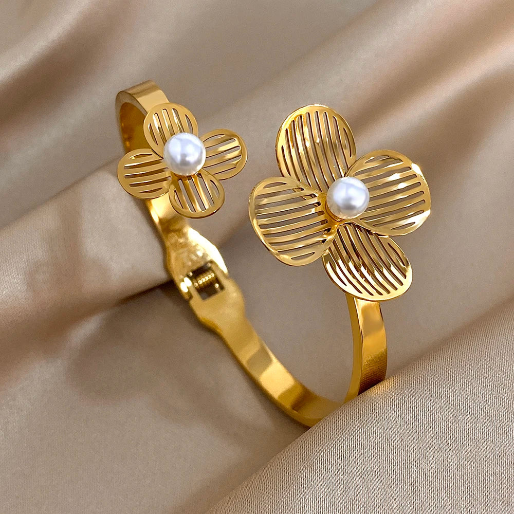 Doppeltes Blumen-Armband – Edelstahl in Gold oder Silber