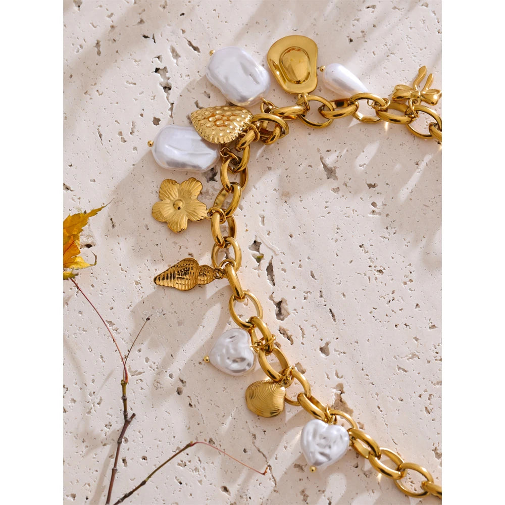 Ocean Charm Halskette - Muscheln & Perlen, Gold Edelstahl